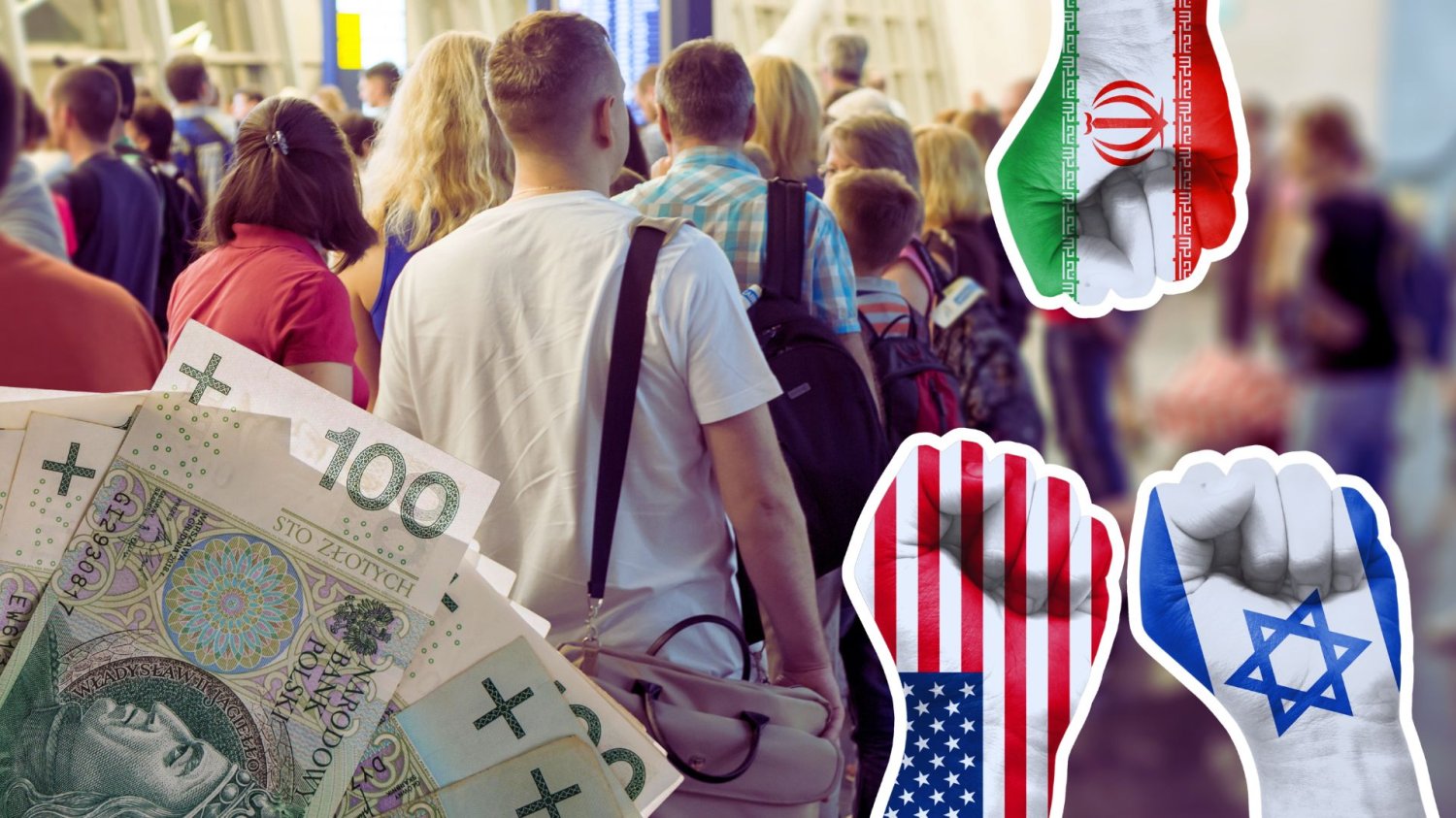 Ludzie na lotnisku, banknoty polskie i pięści z flagami USA, Iranu i Izraela