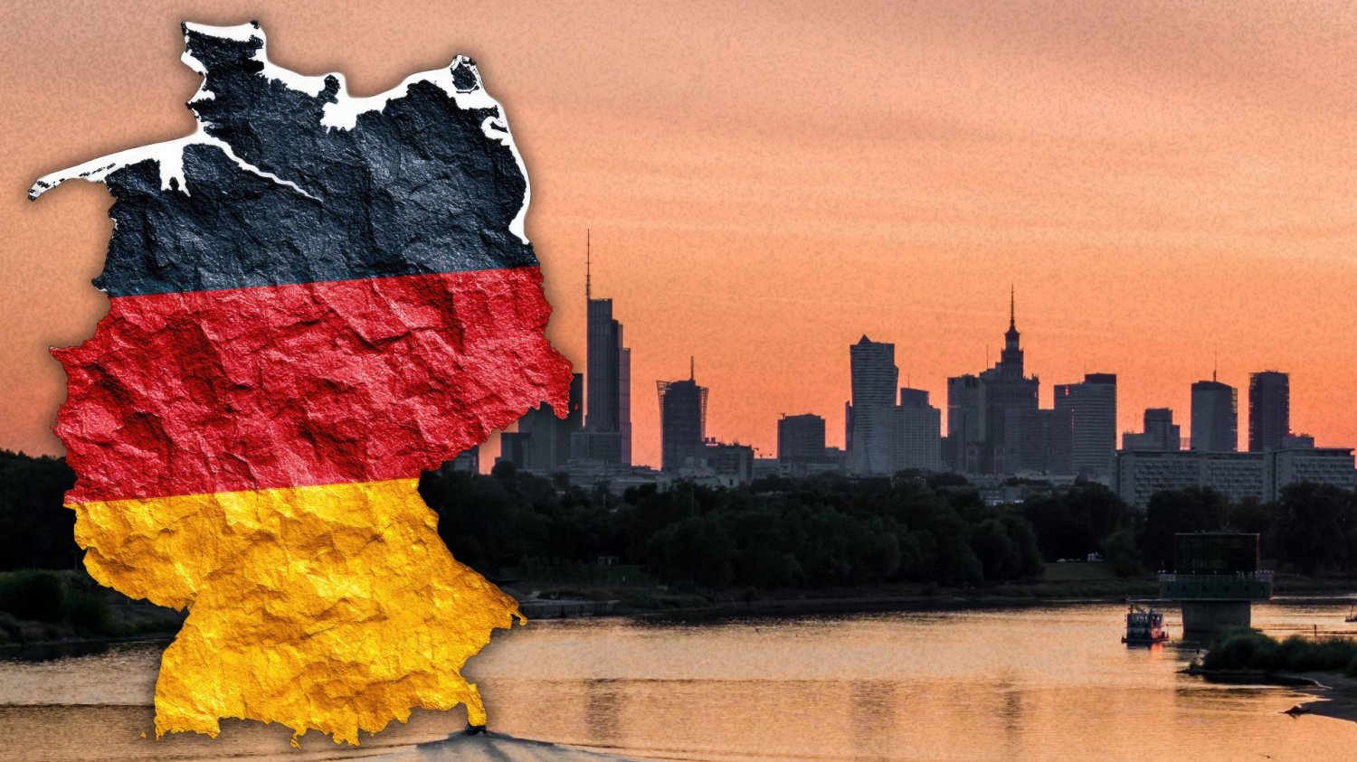 Polska nową supergwiazdą Europy. Niemcy widzą jednak koniec tego snu. Mapa Niemiec na tle panoramy Warszawy.
