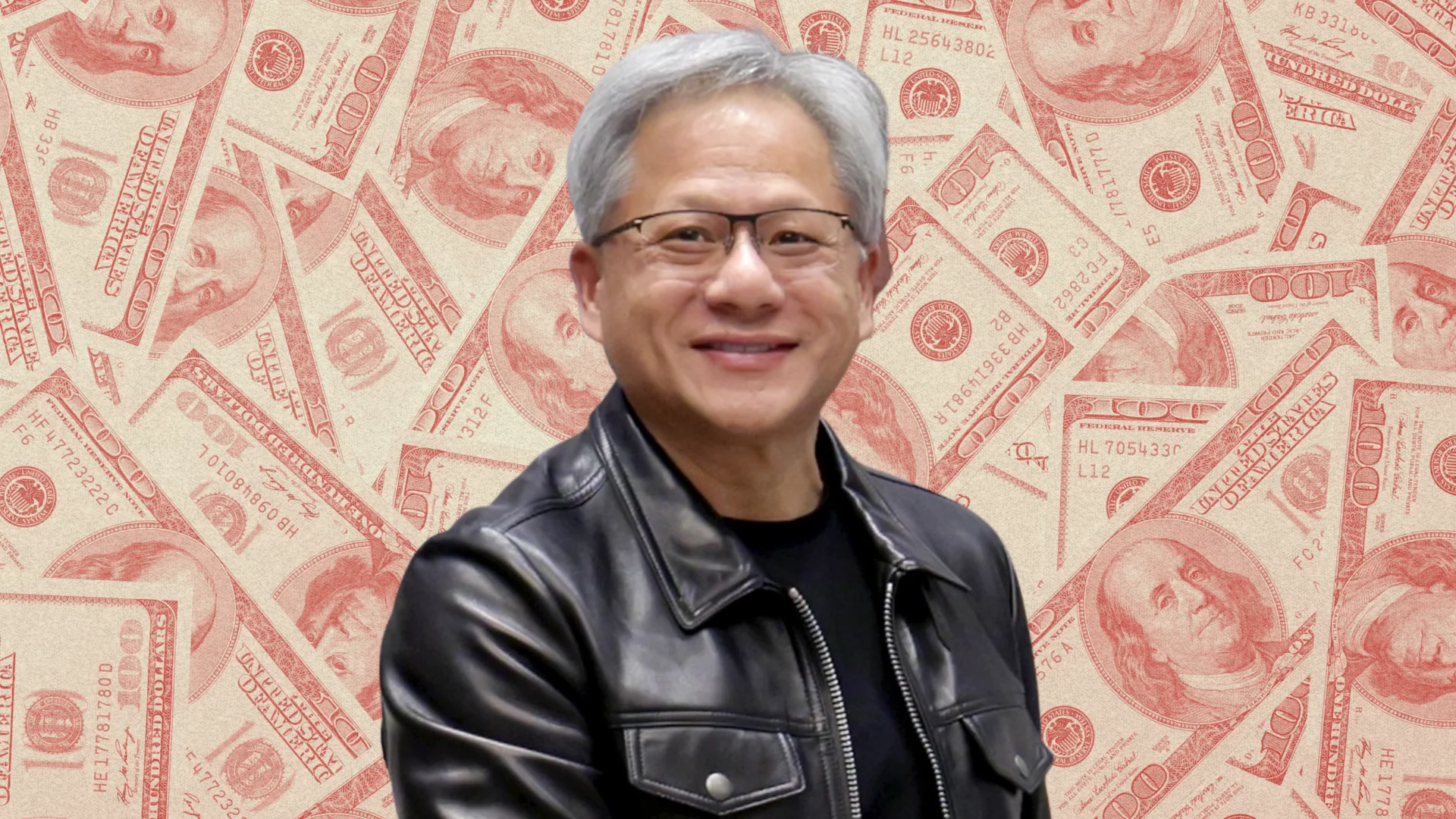 Uśmiechnięty Jensen Huang, szef Nvidii na tle dolarów. Nie programiści, a fachowcy będą kolejnym pokoleniem milionerów