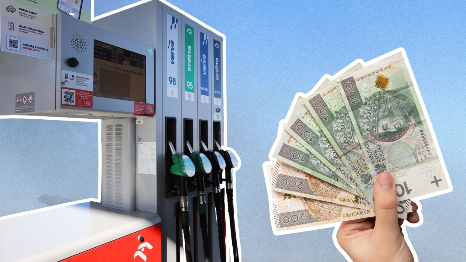 Dystrybutor paliwa, pieniądze.