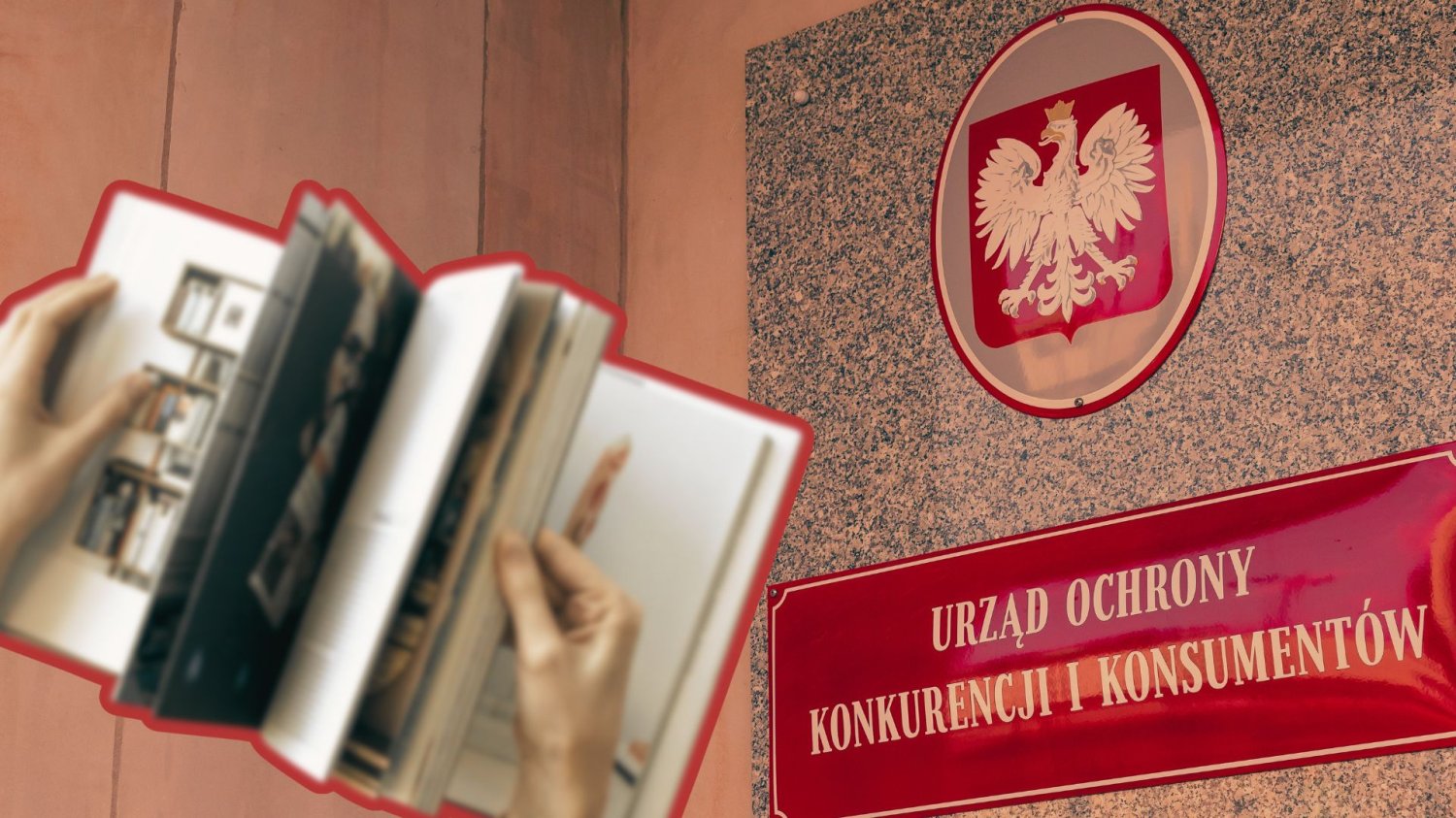 Tabliczka z budynku UOKiK-u i wklejone ręce trzymające magazyn. UOKiK uderza w Wiedzę i Praktykę. Czytelnicy w pułapce tracili pieniądze