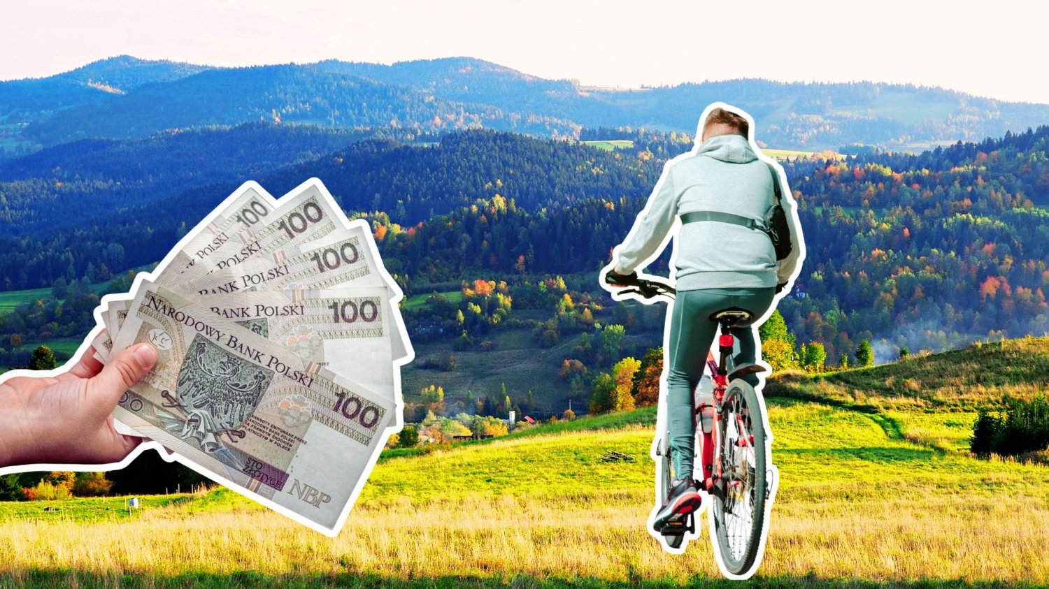 Rowerzysta, malowniczy widok gór i ręka z polskimi banknotami. Rowerowy raj nad malowniczą rzeką. Małopolska rusza z szlakami rowerowymi
