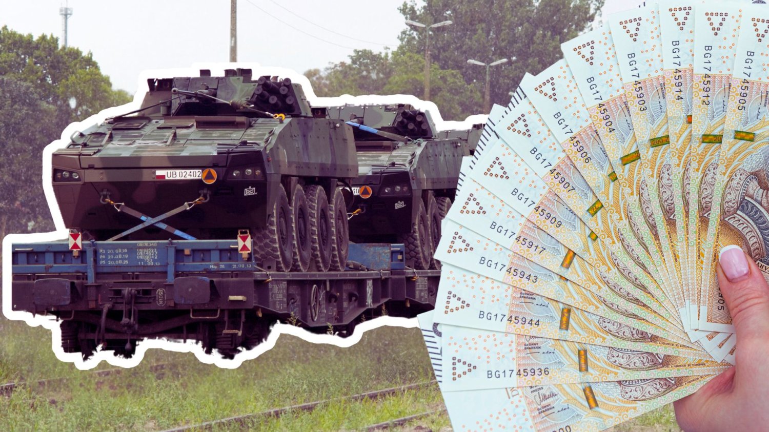 Pojazdy Rosomak na wagonie kolejowym oraz ręka z polskimi banknotami. Kosiniak-Kamysz: "Przełomowy moment". Stalowa Wola dostała 60 mld "ł