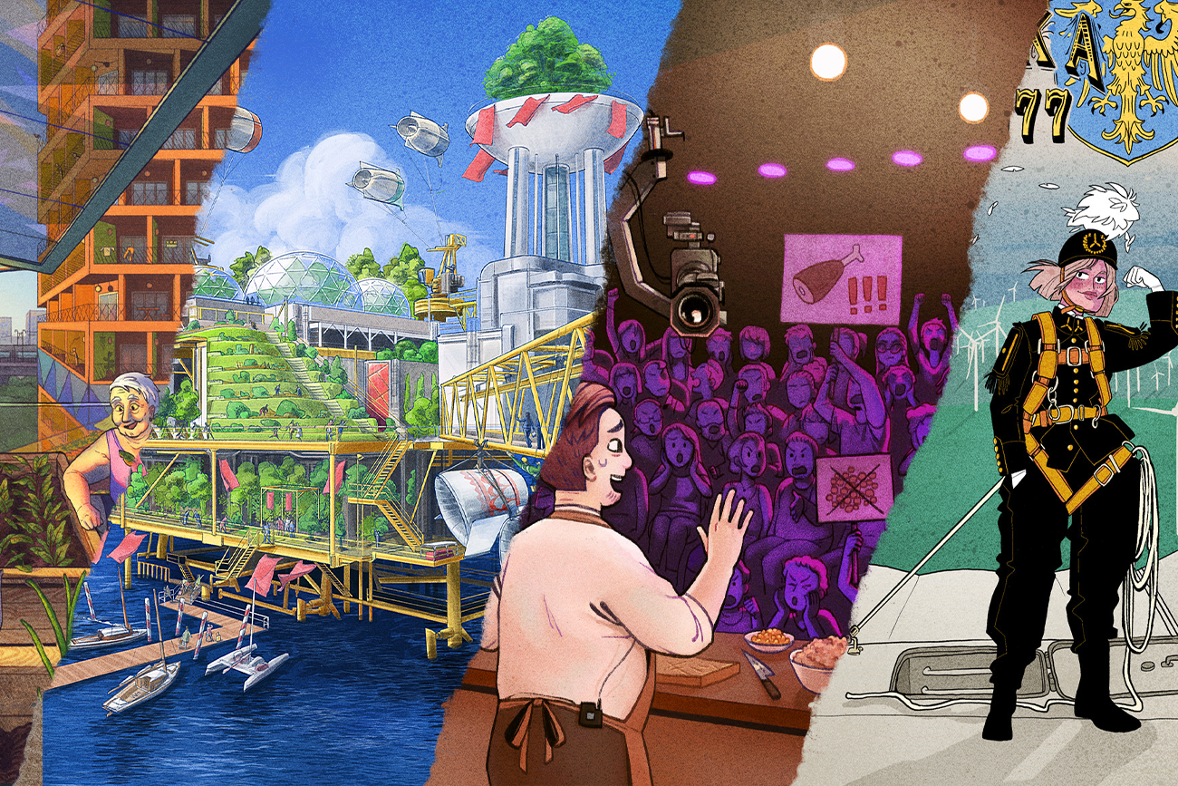 Obrazki solarpunkowe pochodzące ze strony solarpunk.pl