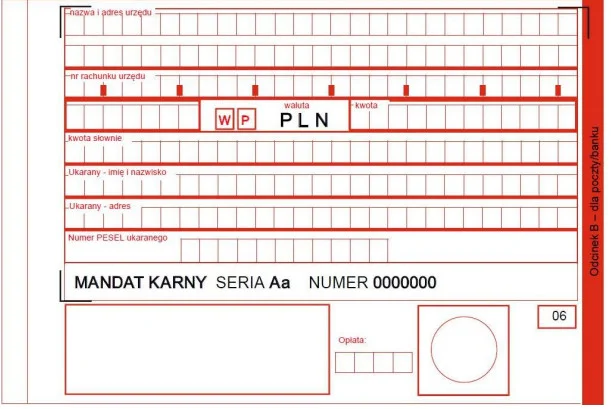 Wzór formularza mandatu karnego - odcinek B - zawarty w Rozporządzeniu Prezesa Rady Ministrów z dnia 4 września 2017 r. zmieniającego rozporządzenie w sprawie nakładania grzywien w drodze mandatu karnego