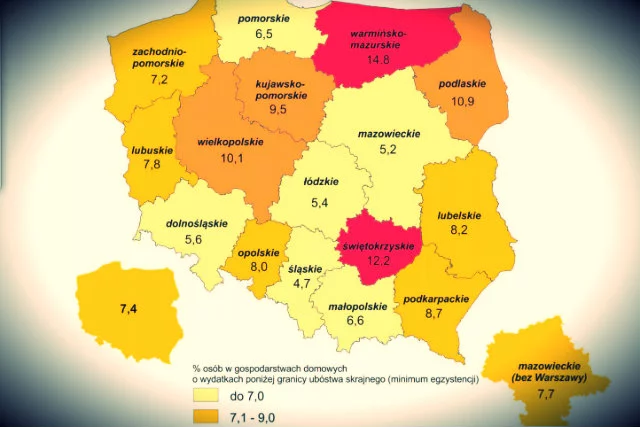 Zasięg ubóstwa skrajnego w 2014 r. według województw
w % osób w gospodarstwach domowych