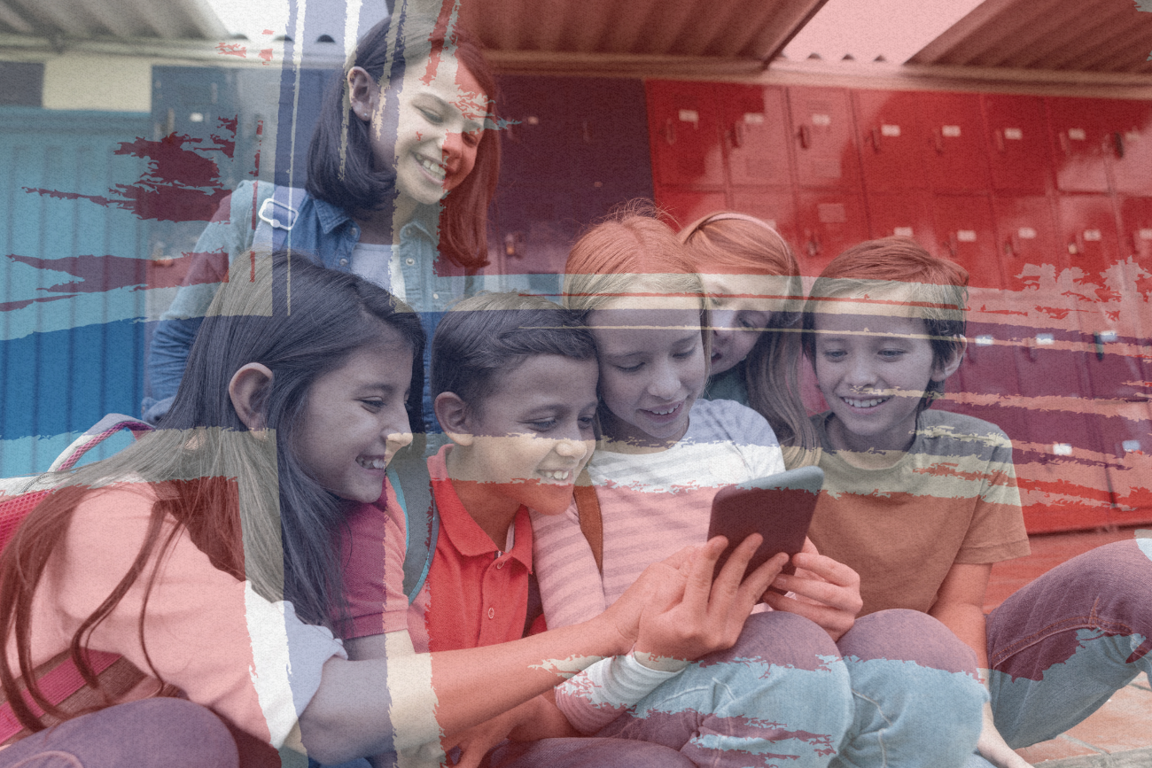 Dzieci, flaga Norwegii i media społecznościowe.