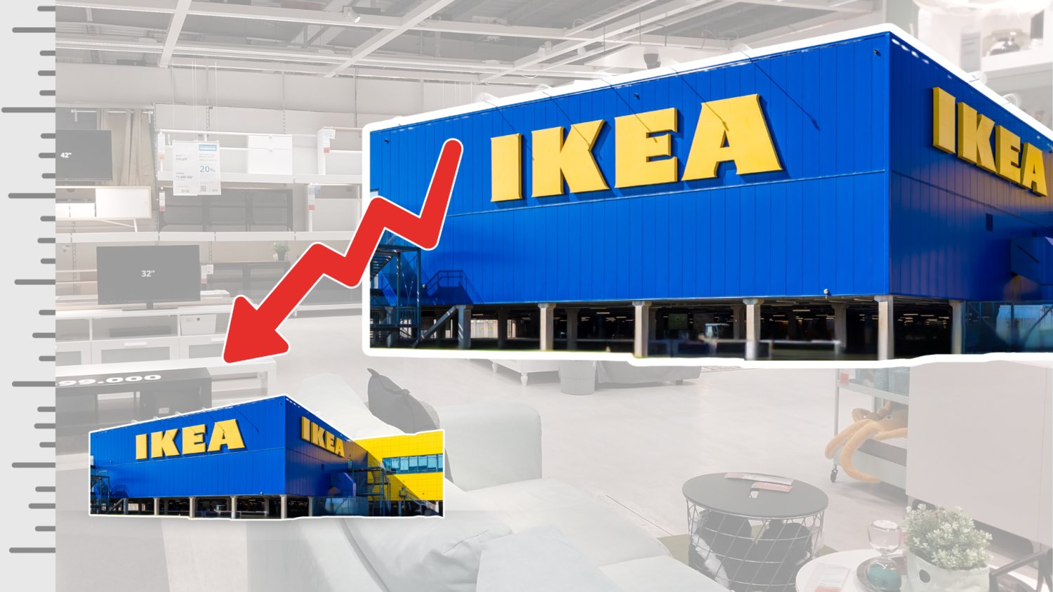 IKEA z nowym sklepem w Białymstoku. Szwedzki gigant ściska format i testuje nową strategię Sklep IKEA. Duzy sklep. Strzałka, która zmniejsza sklep. Mały sklep. W tle meble i przestrzeń sklepu IKEA.