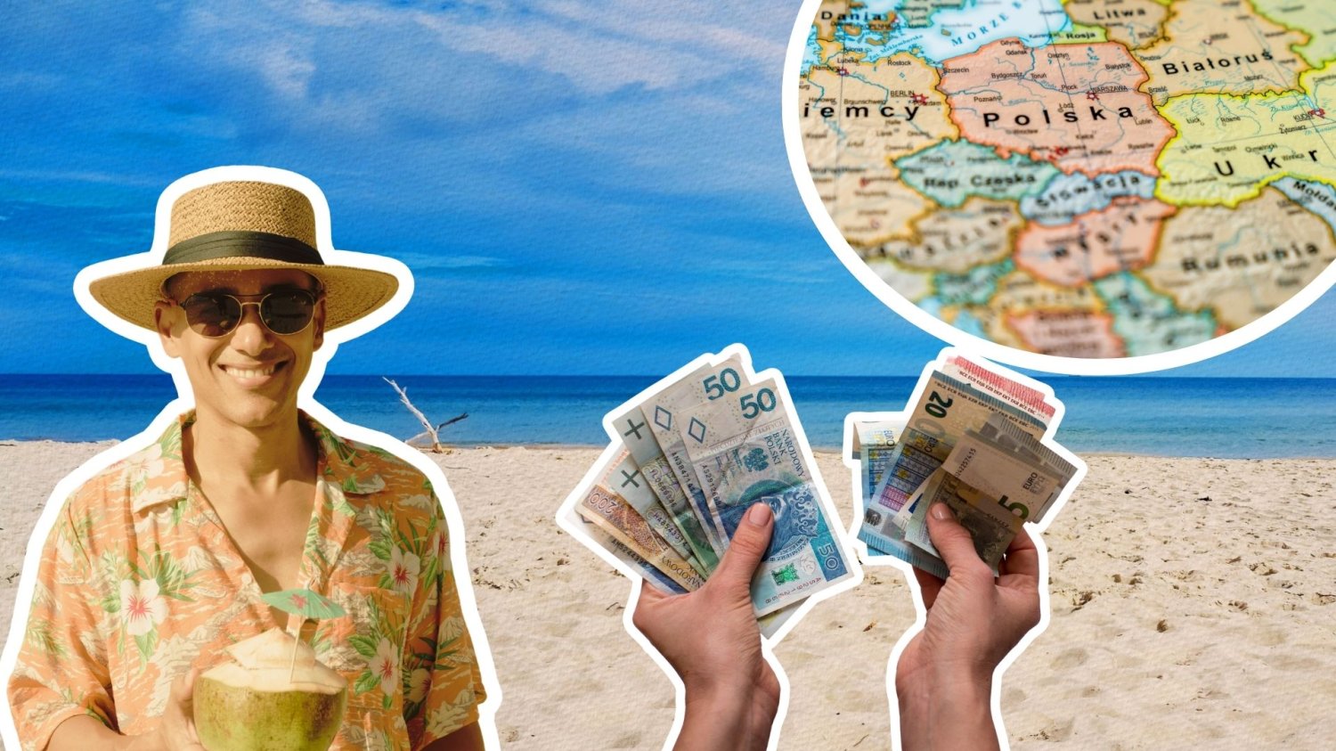 Turysta, polskie morze, ręka z banknotami polskimi i euro oraz mapa Europy. Niemcy opublikowali wakacyjny raport cenowy. Wiemy, gdzie jest najtaniej i które miejsce zajęła Polska