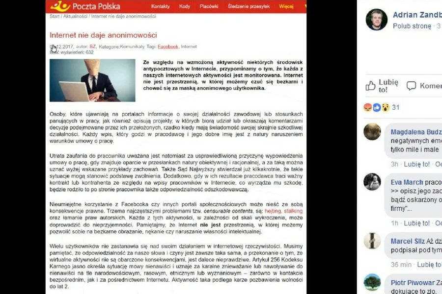 Post Adriana Zandberga ze screenem ze stron PP.