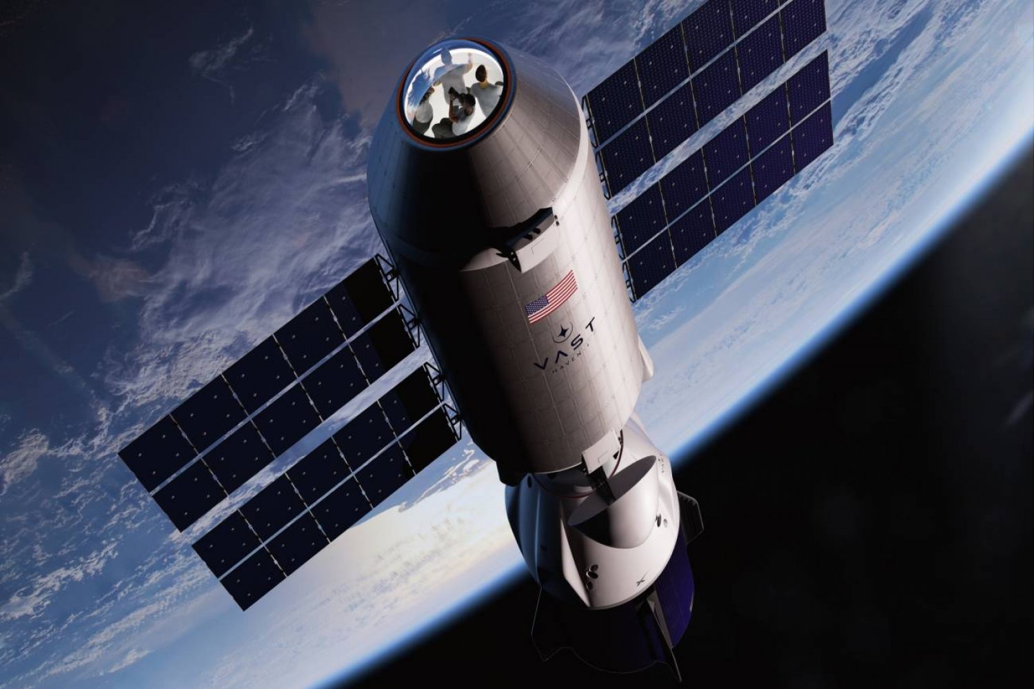 Stacja Haven-1 z zadokowanym Crew Dragon od SpaceX.
