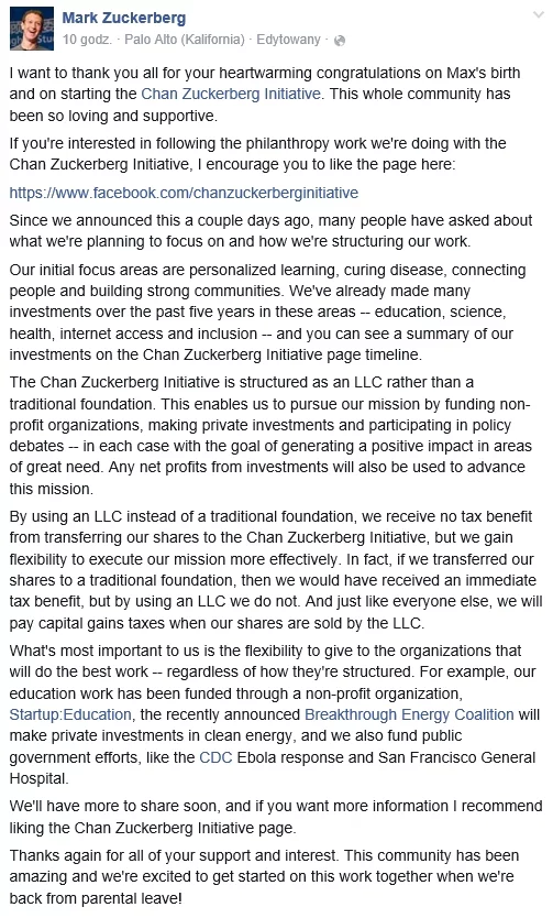 Na swoim profilu Mark Zuckerberg odniósł się do zarzutów, jakie sformułowano wobec jego decyzji o przekazaniu niemal całości swego majątku na założoną wraz z żoną fundację