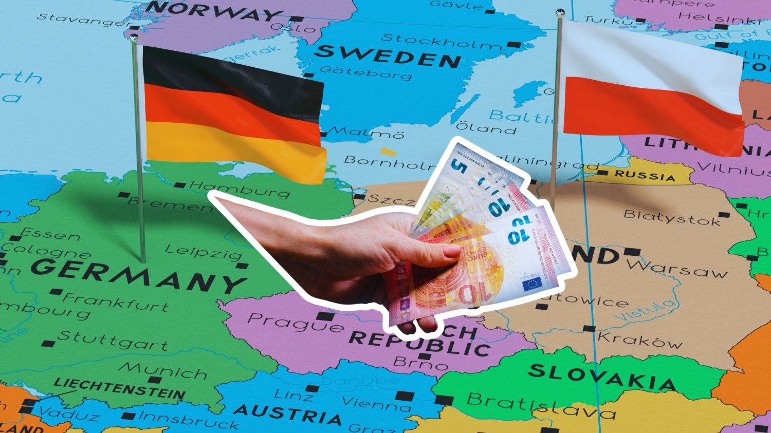 Niemcy chcą inwestować w Polskę. Jesteśmy pierwsi w Europie Środkowo-Wschodniej Flaga Polski i Niemiec na mapie oraz ręka przekazująca banknoty euro. Niemcy chcą inwestować w Polskę. Jesteśmy liderem w Europie Środkowo-Wschodniej