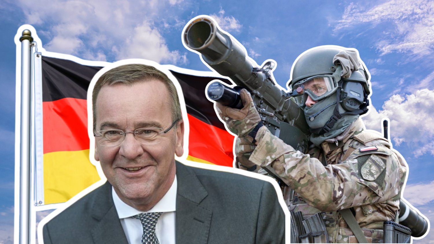 Niemcy pytają o polskie rakiety. Piorun może uderzyć w Europę Niebo w tle. W tle flaga Niemiec powiewająca na maszcie. Z przodu Minister Obrony Niemiec Boris Pistorius. Z przodu polski żołnierz trzymający PZPR Piorun w rękach i celujący w niebo.