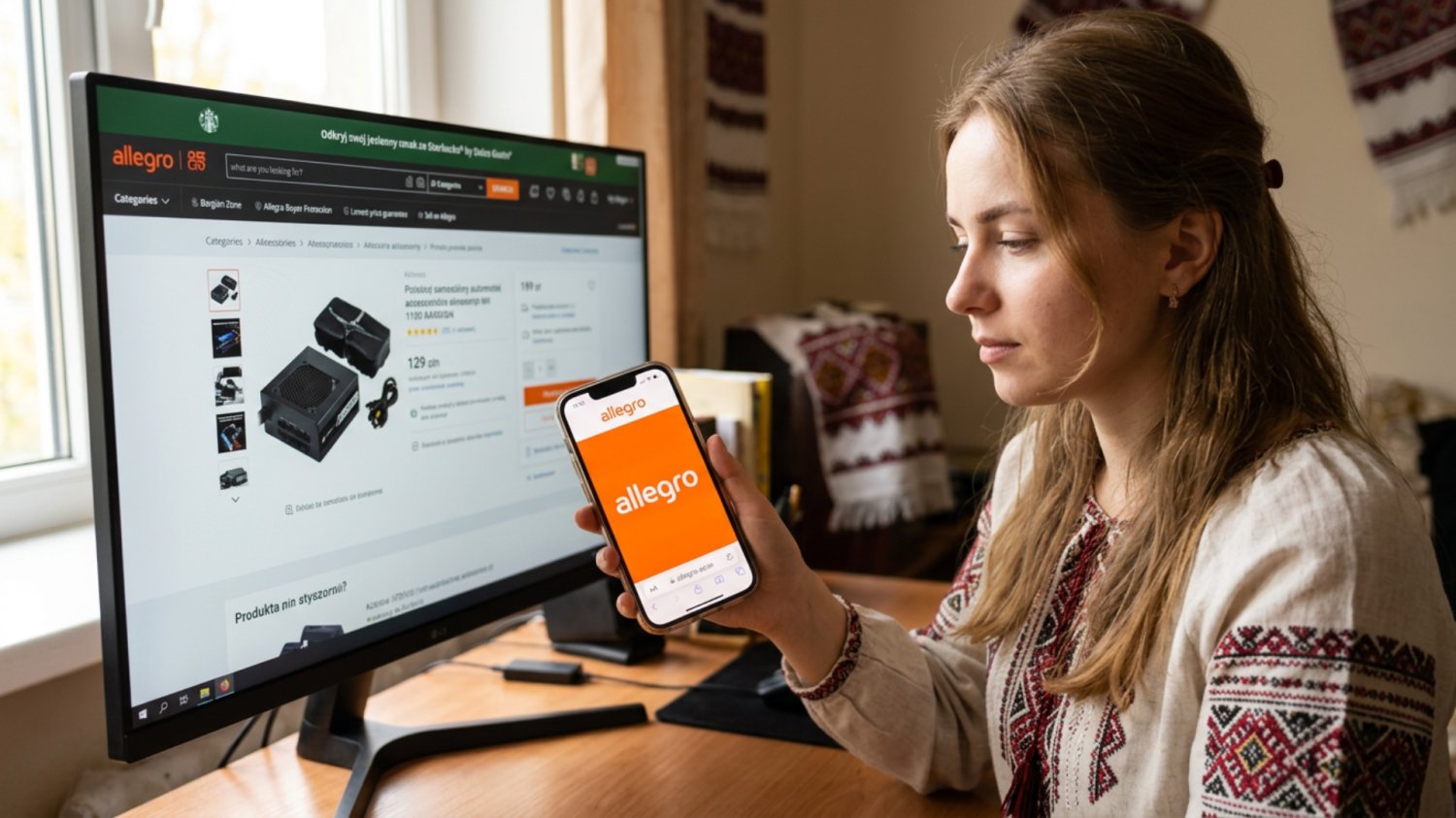 Kobieta z Ukrainy trzymająca telefon z aplikacją Allegro. W tle jej pokój i biurko, na biurku monitor z produktami z Allegro.