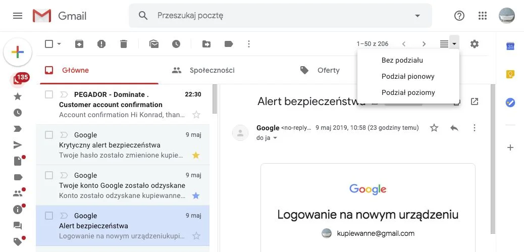Przycisk trybu podziału okienka umożliwia wybór w jaki sposób chcemy wyświetlać podgląd wiadomości.