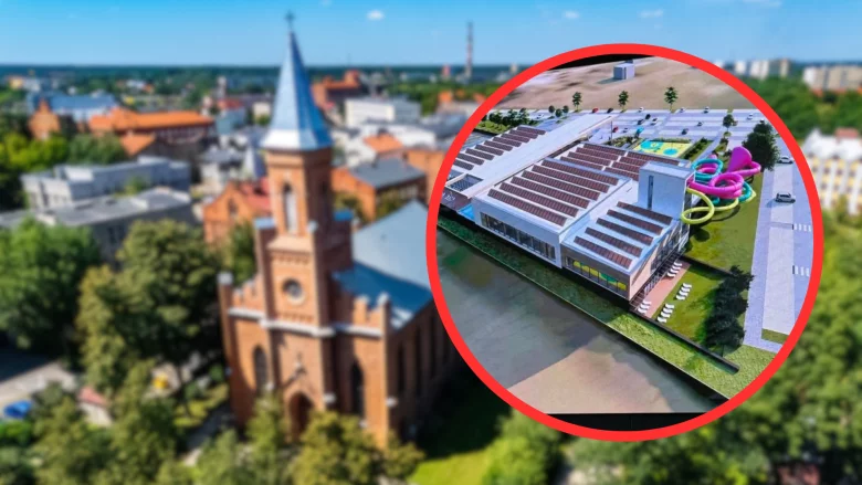 Nowe centrum sportowe w Kruszynie za 130 mln zł. Region dostał serce aktywności Panorama Włocławka rozmazana. Z przodu w czerwonym kółku wizualizacja nowego obiektu sportowego.