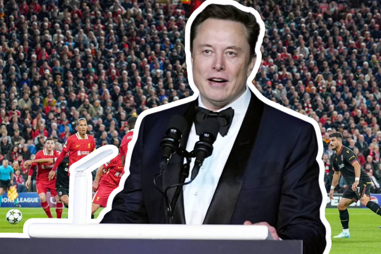 Elon Musk na tle rozgrywek piłkarskich.