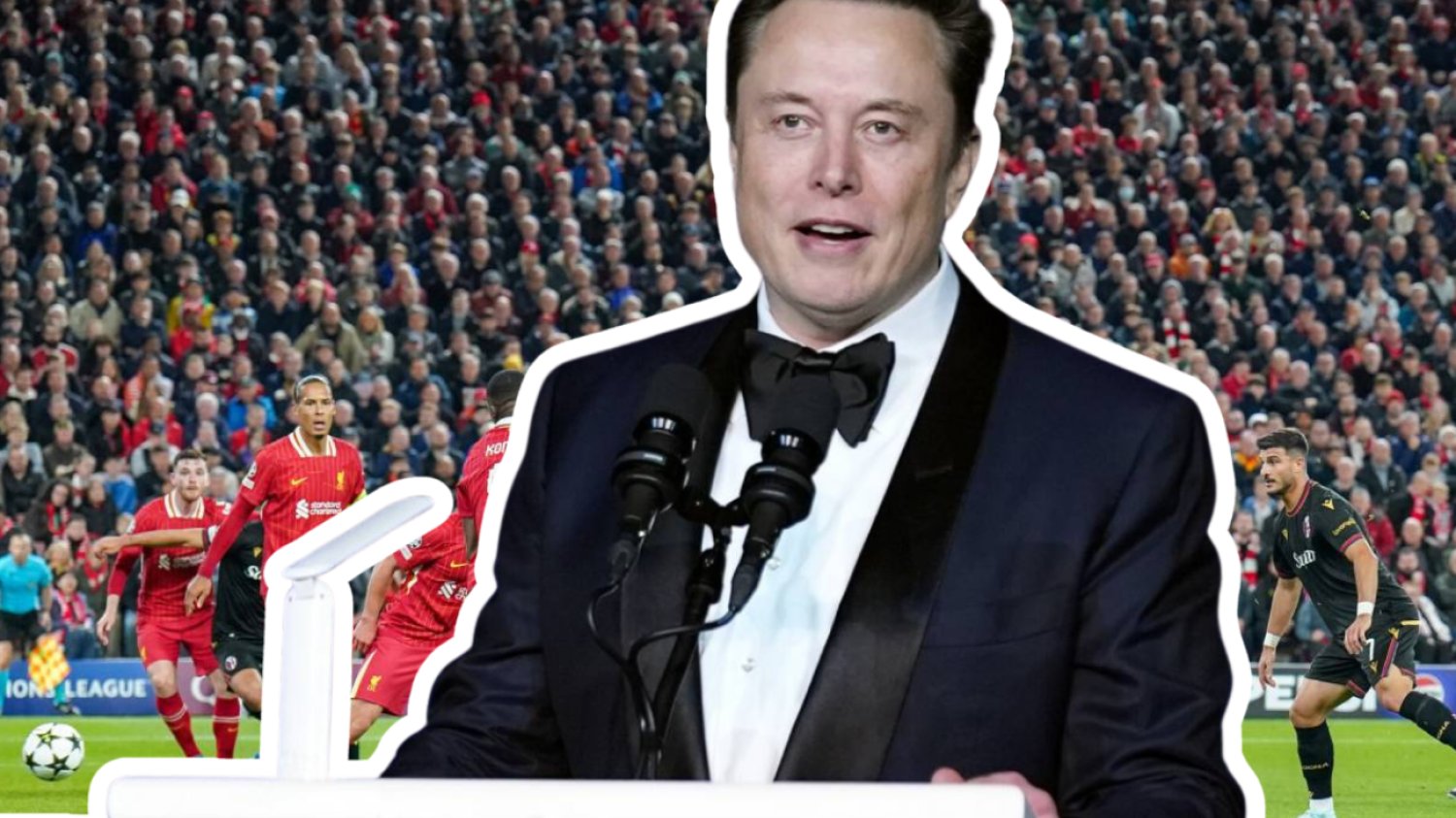 Elon Musk na tle rozgrywek piłkarskich.