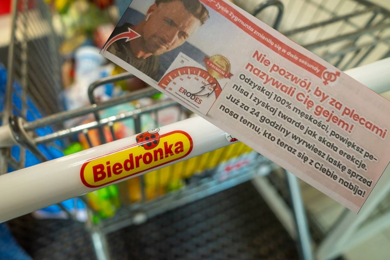 Reklama biedronki na tle wózka sklepowego
