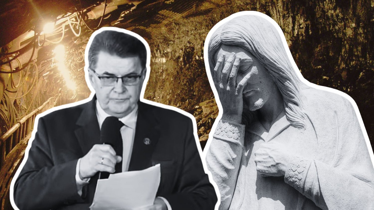 Węgiel "darem od Boga, a wyjście z ETS obietnicą. Science-fiction i zejście pod ziemię na konwencji PiS prof. Zbigniew Krysiak i rzeźba religijna na tle kopalni węgla