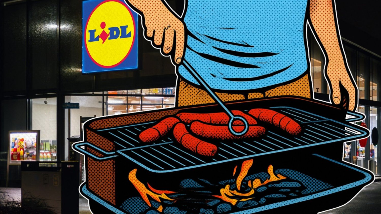 Niedziela handlowa przed majówką. Zdążysz przygotować się do grilla Grill w stylu popart, w tle sklep Lidla nocą.