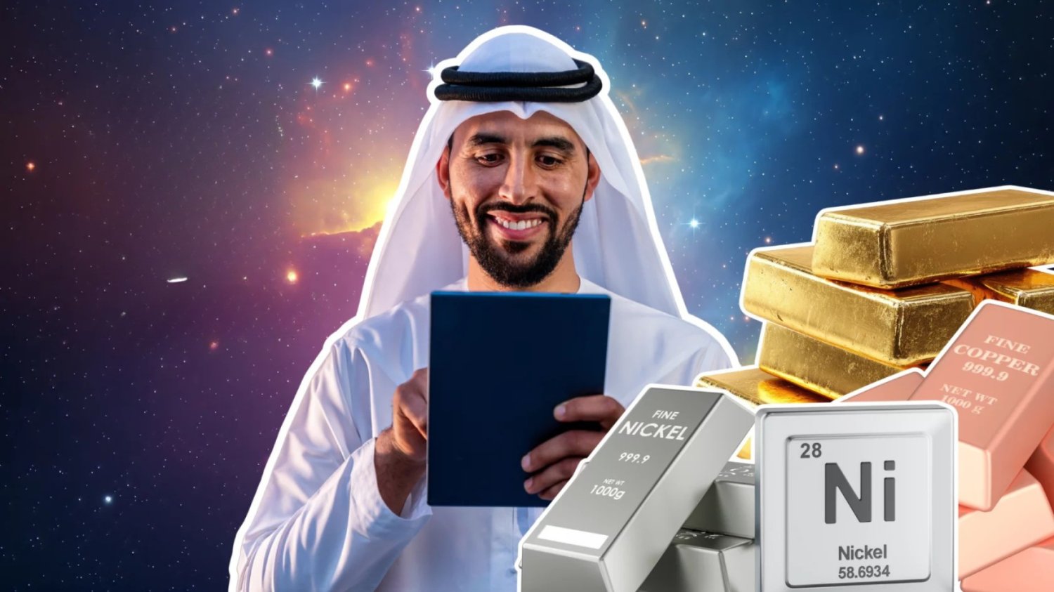 Arabski gigant kupił polską AI TerraEye. Z kosmosu łatwiej szukać skarbów Arabski szejk. W tle cyfrowy wymiar. Obok minerały takie jak złoto czy nikiel