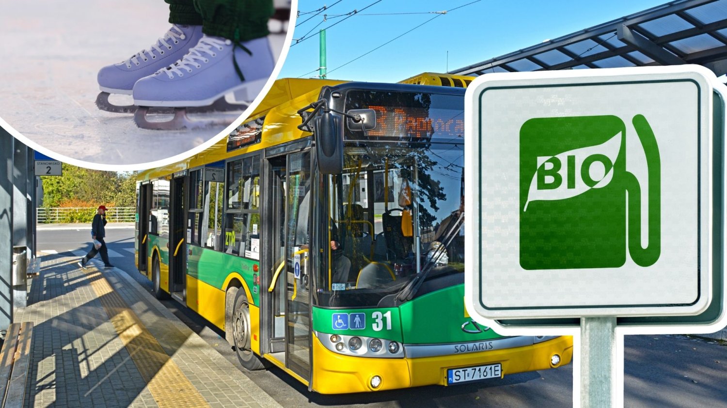 Ścieki zasilą trolejbusy i lodowisko. Tychy mają ambitną wizję Trolejbus, łyżwiarz na lodowisku i znak z symbolem biogazu. Moc ze ścieków zasili lodowisko i trolejbusy. Tychy kontynuują ekologiczną rewolucję