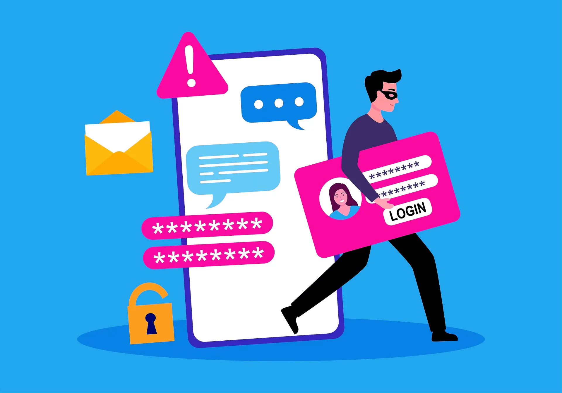 Nie odróżniasz prawdziwych treści od AI? Wyliczyli, ile pieniędzy stracisz Rysunek mężczyzny z zasłoniętą twarzą, który na tle smartfona ucieka z dużą kartą płatniczą należącą do kogoś innego.