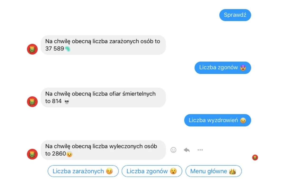 Przykładowa rozmowa z chatbotem Corona Alert.