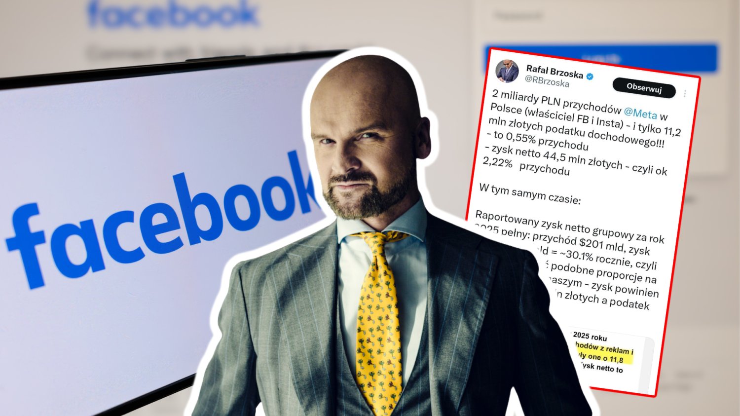 Rafał Brzoska. W tle telefon z Facebookiem. Wpis Rafała Brzoski na Twitterze.