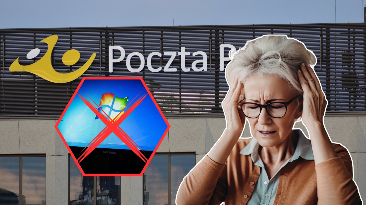 Poczta Polska i 100 mln zł na nowe komputery. Zaczęło się nadrabianie zaległości Starsza kobieta zestresowana. W tle logo Poczty Polskiej. Obok przekreslony windows 7.