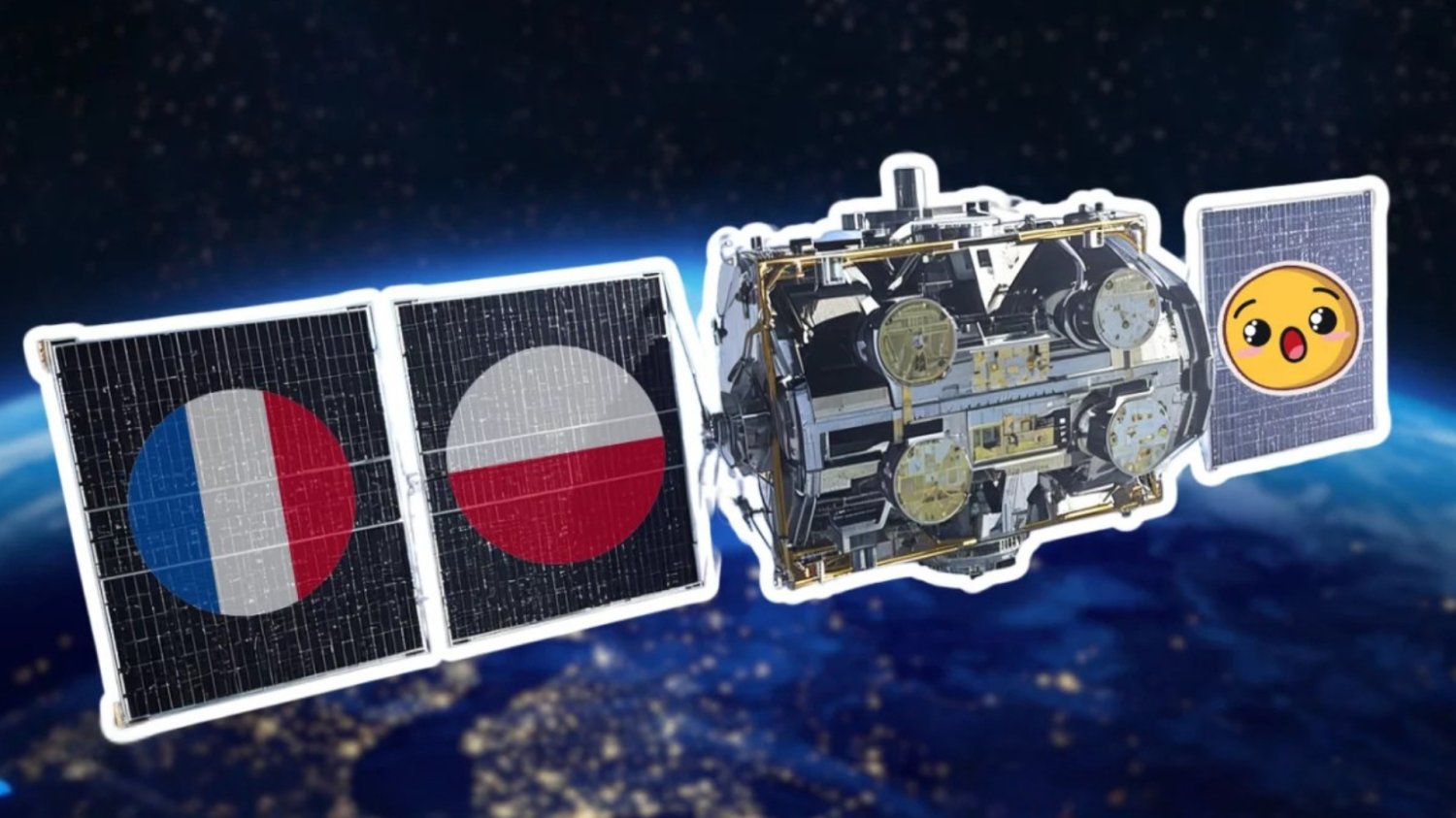 satelita z flagami polski i francji na skrzydłach. Zaskoczona emotikonka na jednym ze skrzydeł.