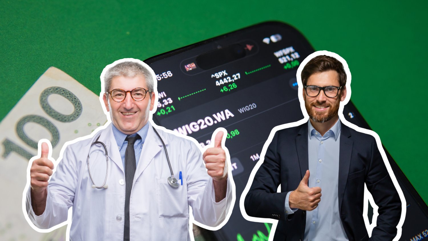 Biznesmen i lekarz pokazują kciuka. W tle telefon z wykresem akcji.