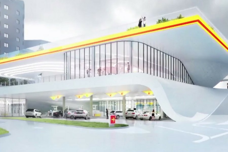 Wizualizacja warszawskiej stacji benzynowej przyszłości.