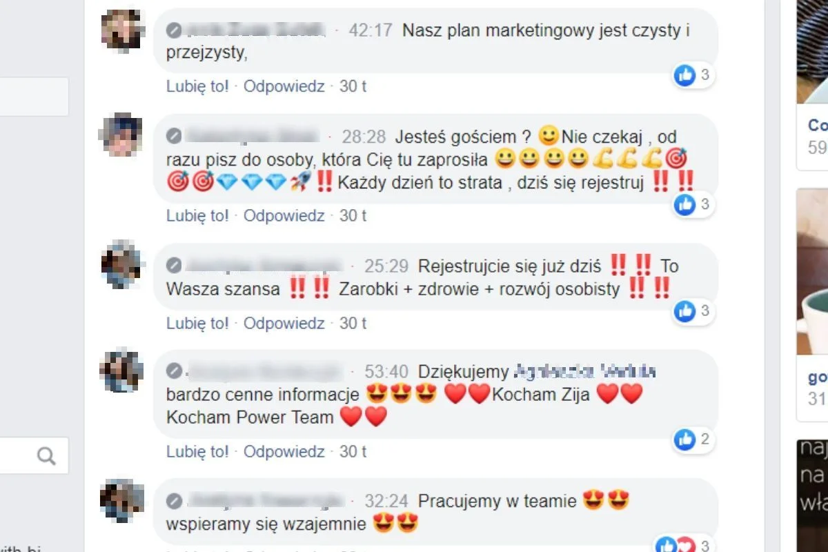 Członkowie społeczności MLM wzajemnie się dopingują i zapewniają o własnych sukcesach. Połowy tych, którzy "sukcesy" odnieśli, już w grupie nie ma.