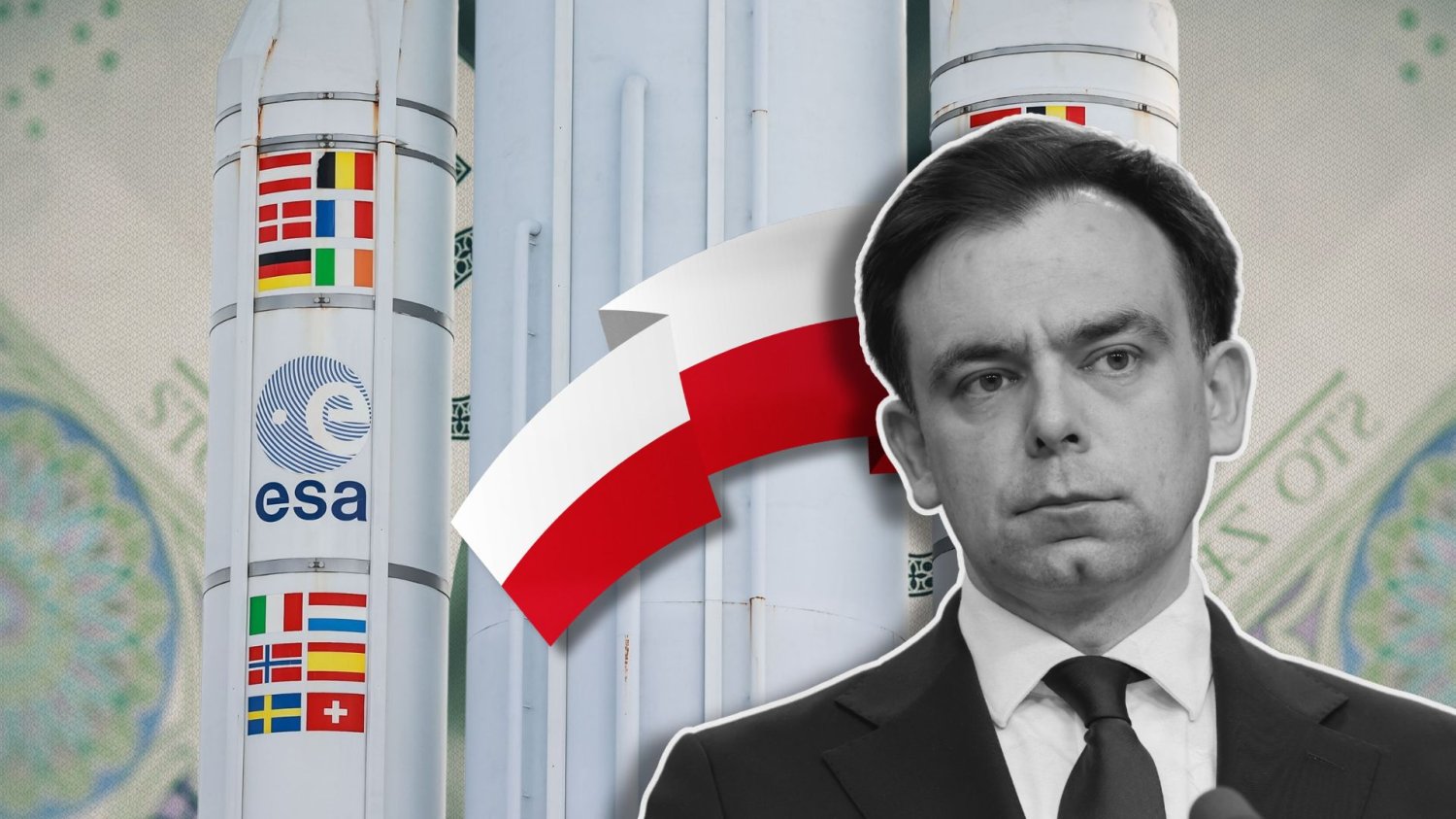 Domański ogłasza termin realizacji centrum ESA. Kosmiczne pieniądze czekają na Polskę Andrzej Domański na tle rakiety ESA, polskiej flagi i pieniędzy.