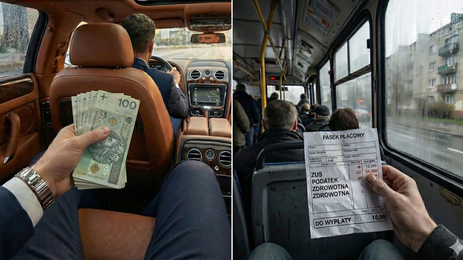 "Cykam 3 tysiące składki zamiast 15 i jest bajka". Szczere wyznanie polskiej milionerki grafika przedstawiająca bogatego człowieka w limuzynie i osobę jadącą autobusem z paskiem wypłaty