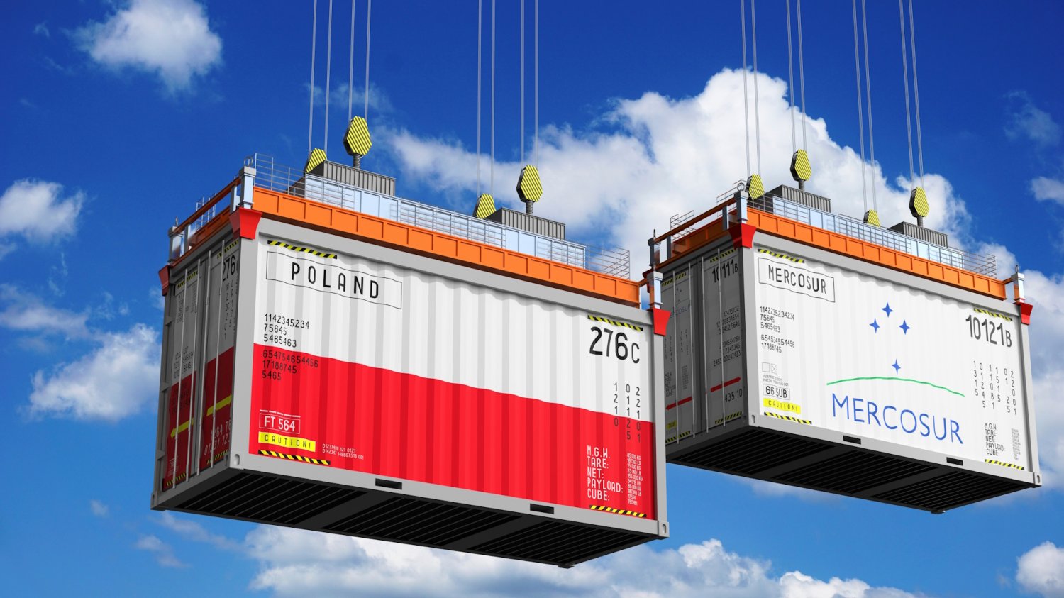 Mercosur napotka nowe bariery. Polska uszczelnia granice przed żywnością z pestycydami Dwa kontenery na wyciągnikach: jeden z polską flagą drugi z napisem Mercosur. Mercosur napotka bariery. Polska uszczelnia granice przed żywnością z pestycydami