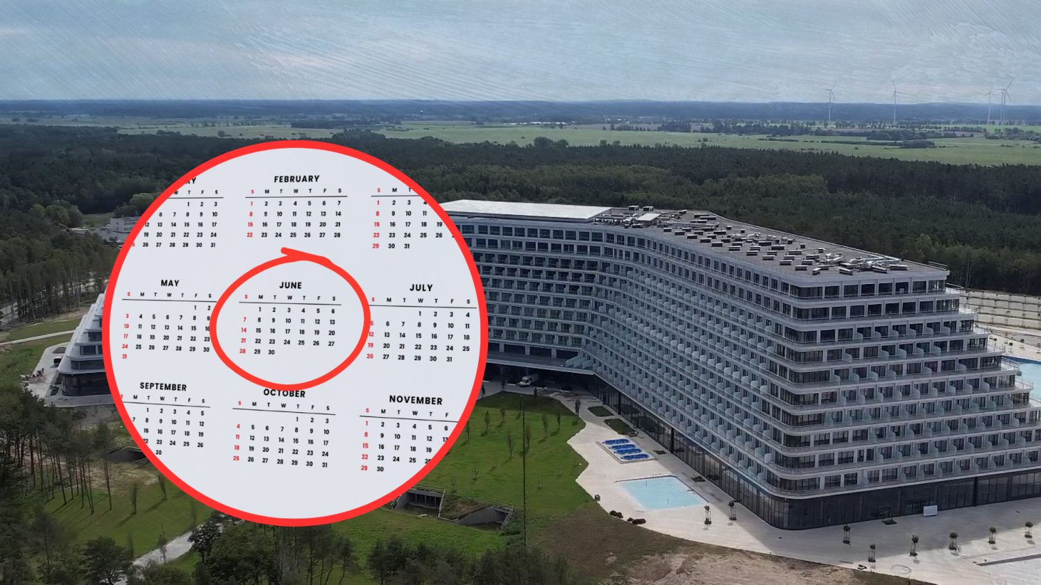 Hotel Gołębiewski w Pobierowie. Kalendarz z miesiącami i zaznaczony czerwiec.
