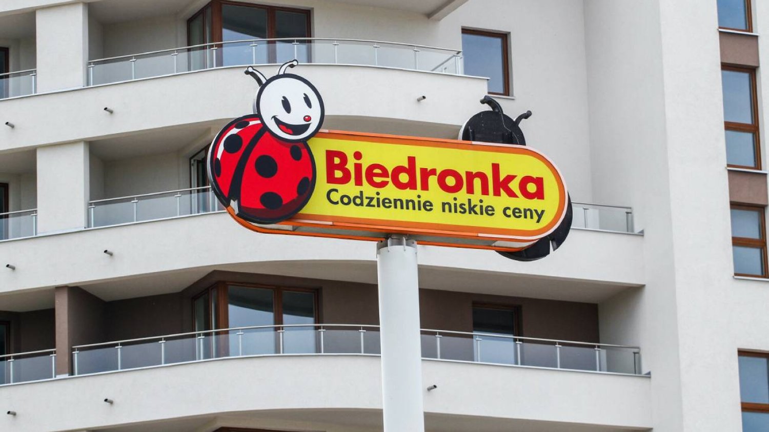 Logo Biedronki na tle mieszkań.