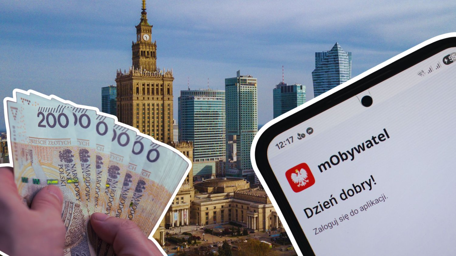 Panorama Warszawy, smartfon z mObywatelem oraz ręce trzymające banknoty polskie. Podatki w Warszawie zapłacisz teraz mObywatelem. Nie musisz wstawać z kanapy żeby zapłacić należność