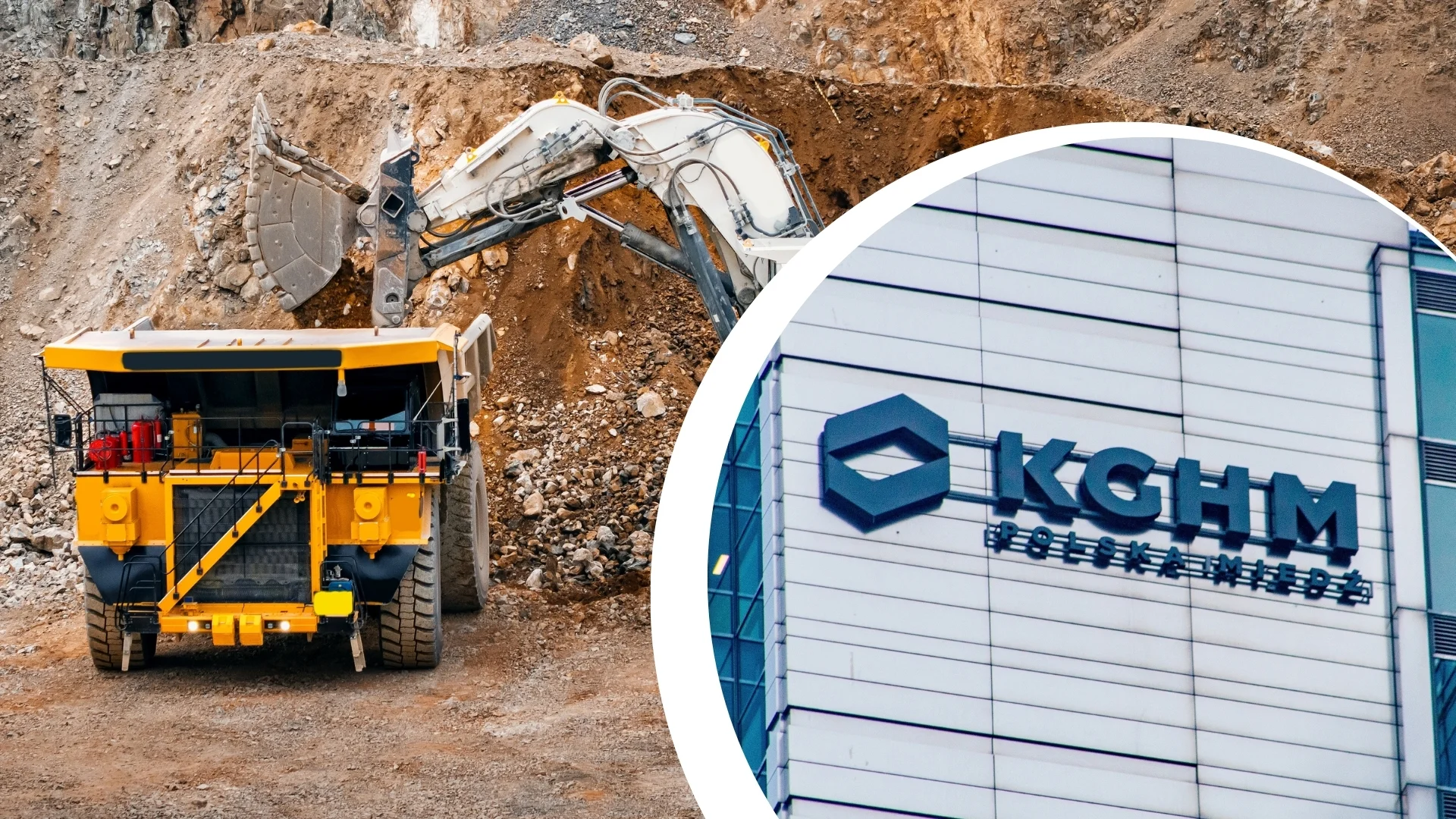 Prace wydobywcze w kopalni, duża ciężarówka i koparka ładująca kruszce. Budynek z logo KGHM