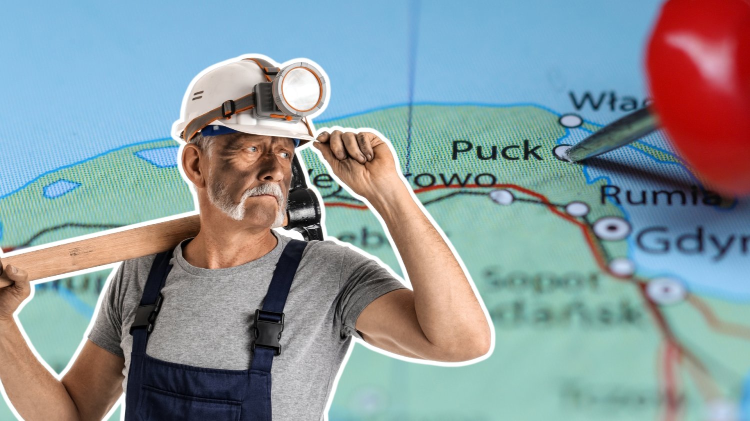 Górnik z kilofem patrzy na mapę. Szpilka wbita w miejscowość Puck na mapie
