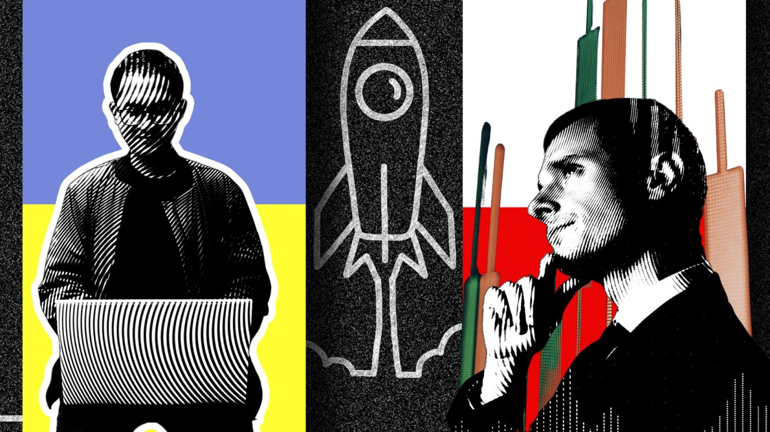 Startupowiec z Ukrainy i inwestor z Polski na tle rakiety.
