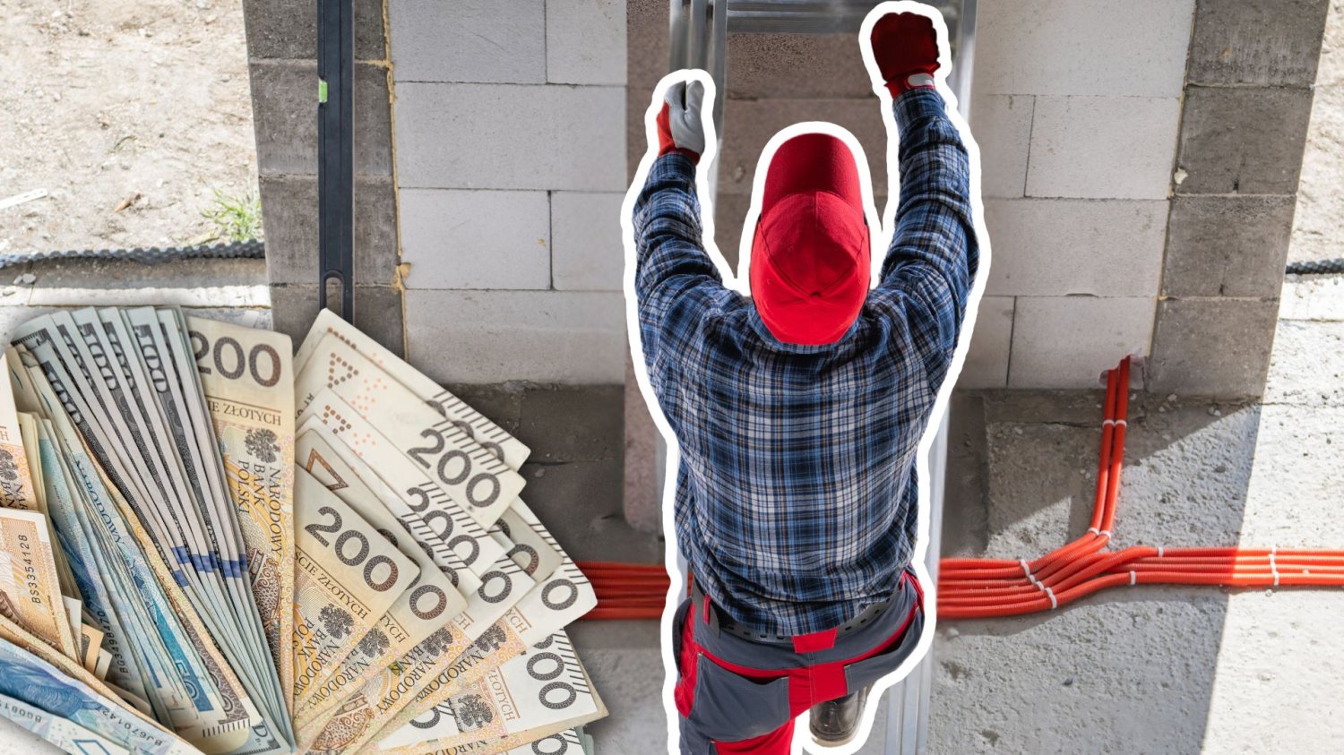 5 zawodów fizycznych, które Polacy wykonują za granicą. Oto ile można zarobić. Pracownik na budowie, plik banknotów.