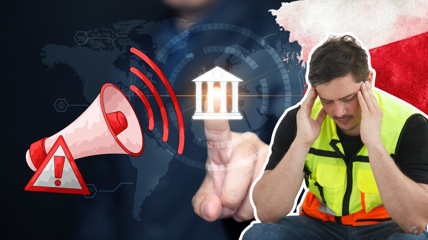 Bank Światowy alarmuje: Polska w ogonie innowacji. Nic dziwnego, że pracujemy więcej Palec wskazujacy z ikonką banku. Megafon ostrzegający. Zmeczony pracownik i flaga Polski.