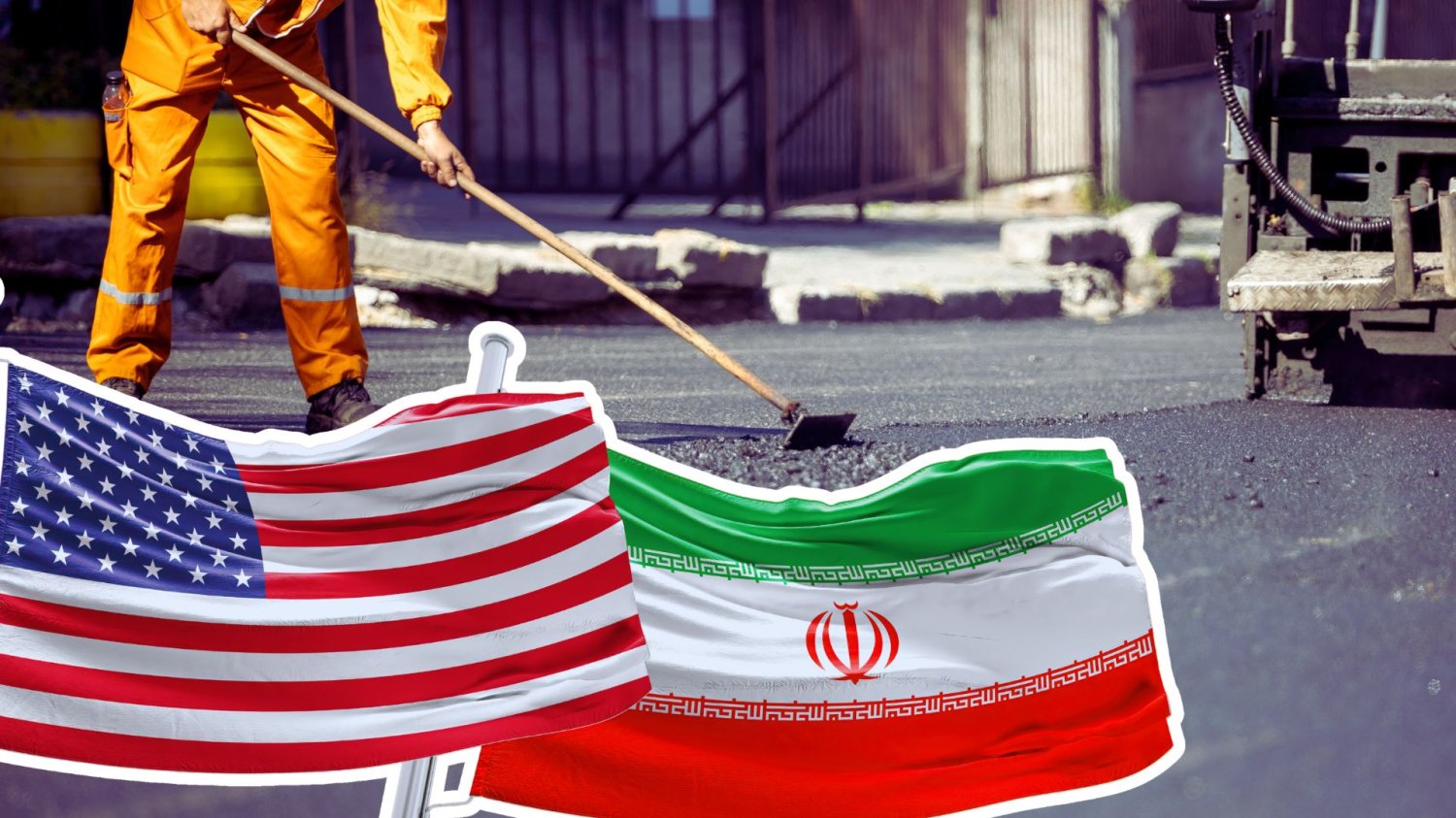 Ceny ropy poszybowały po ataku USA na Iran. Za wojnę Polacy zapłacą dziurami w drogach Pracownik przy kładzeniu asfaltu oraz flagi Iranu i USA. Wzrost cen ropy po ataku na Iran. Blokada cieśniny Ormuz a polskie inwestycje drogowe.