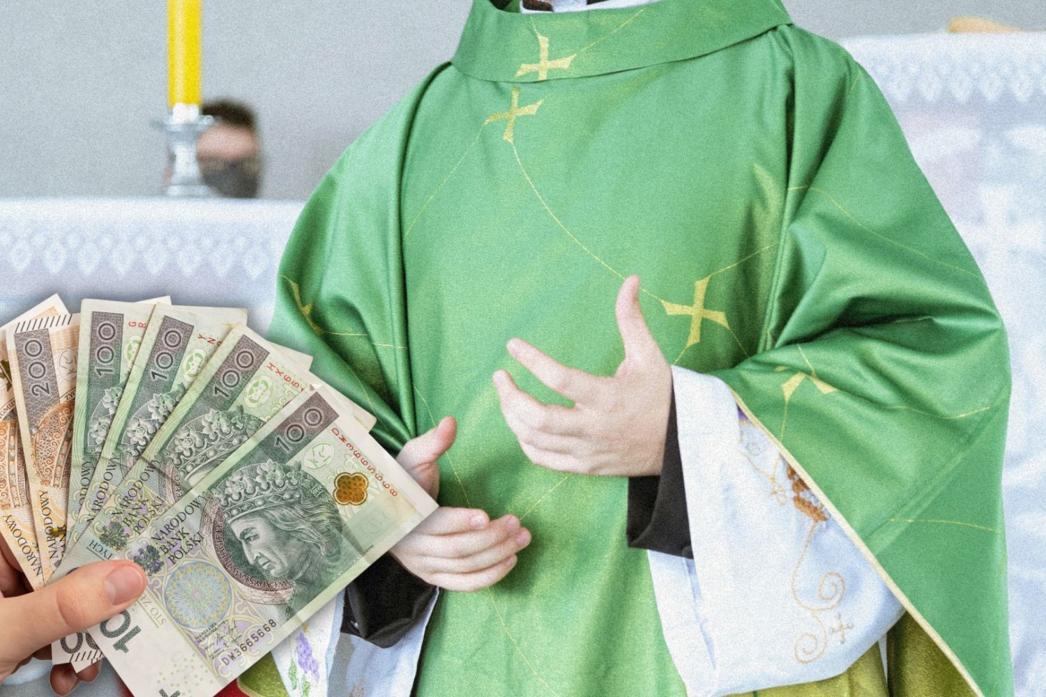 Plik banknotów, ksiądz.