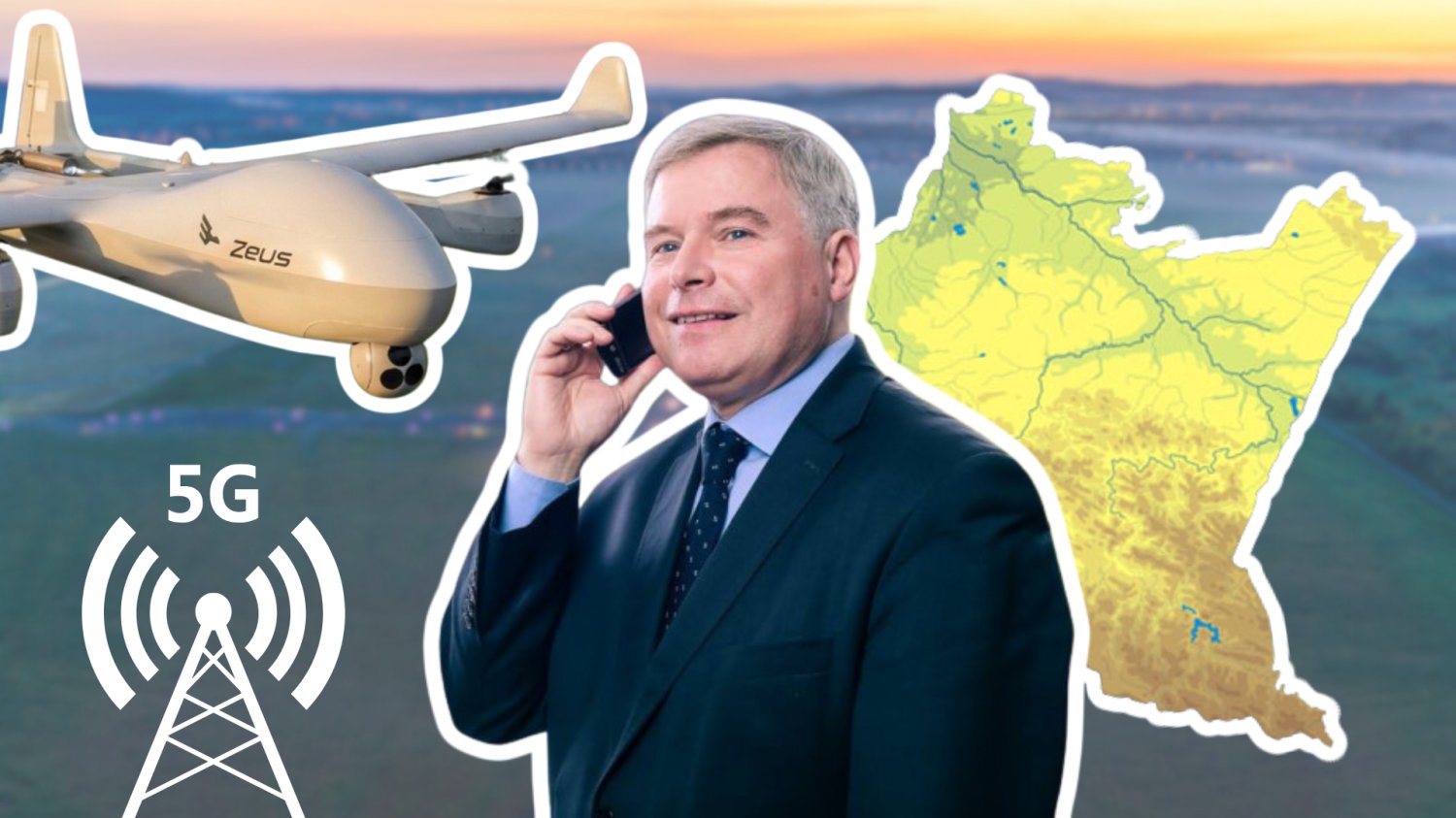Prezydent Krosna z telefonem w ręku. Znak sieci 5G. Dron Zeus. Mapa podkarpacia. W tle lotnisko w Krośnie.